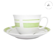 Set 04 Xícaras Chá com Pires Porcelana Filetes Verde
