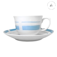 Set 04 Xícaras Chá com Pires Porcelana Filetes Azul